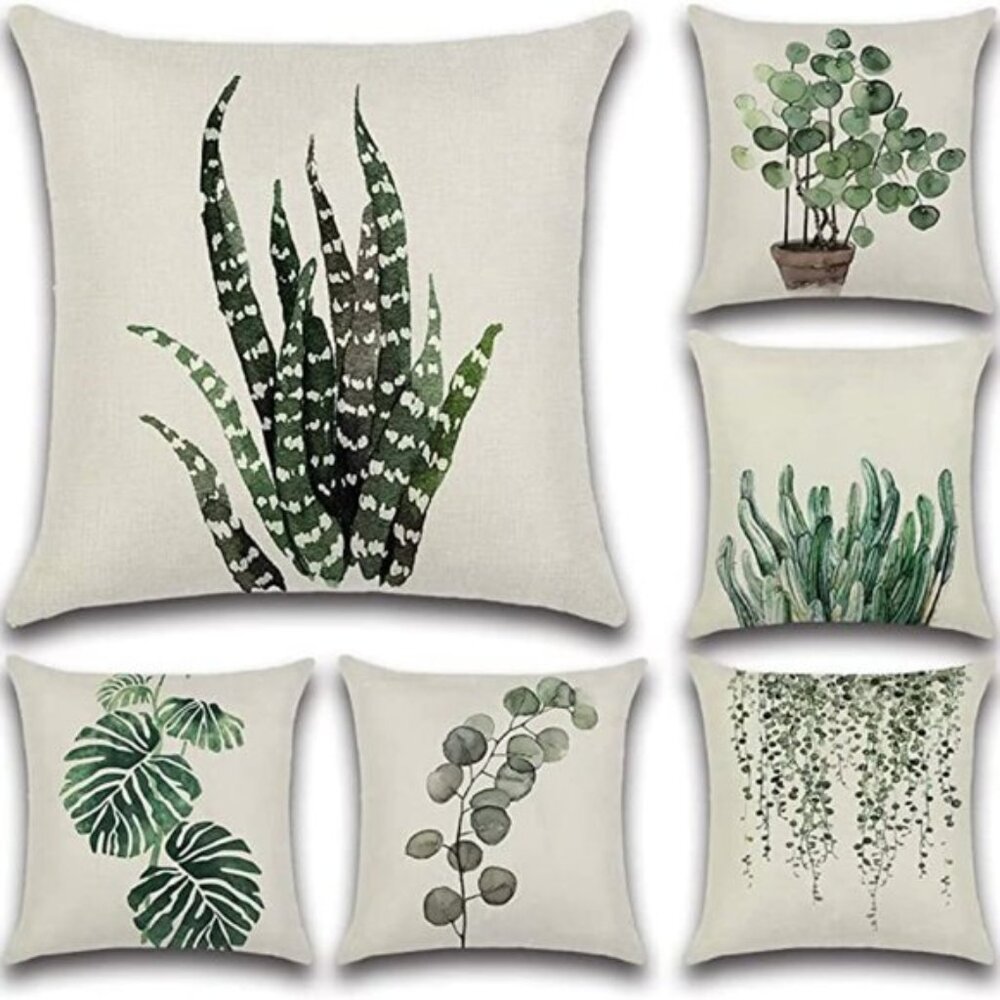 Decorative Farmhouse Green Plant Pillow Covers | Set of 6 | 18"x18"